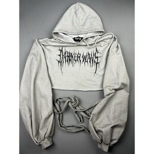 Darker Wavs Women's L Goth Crop Open Back Long Rope Tie Faded Hoodie Sweatshirt